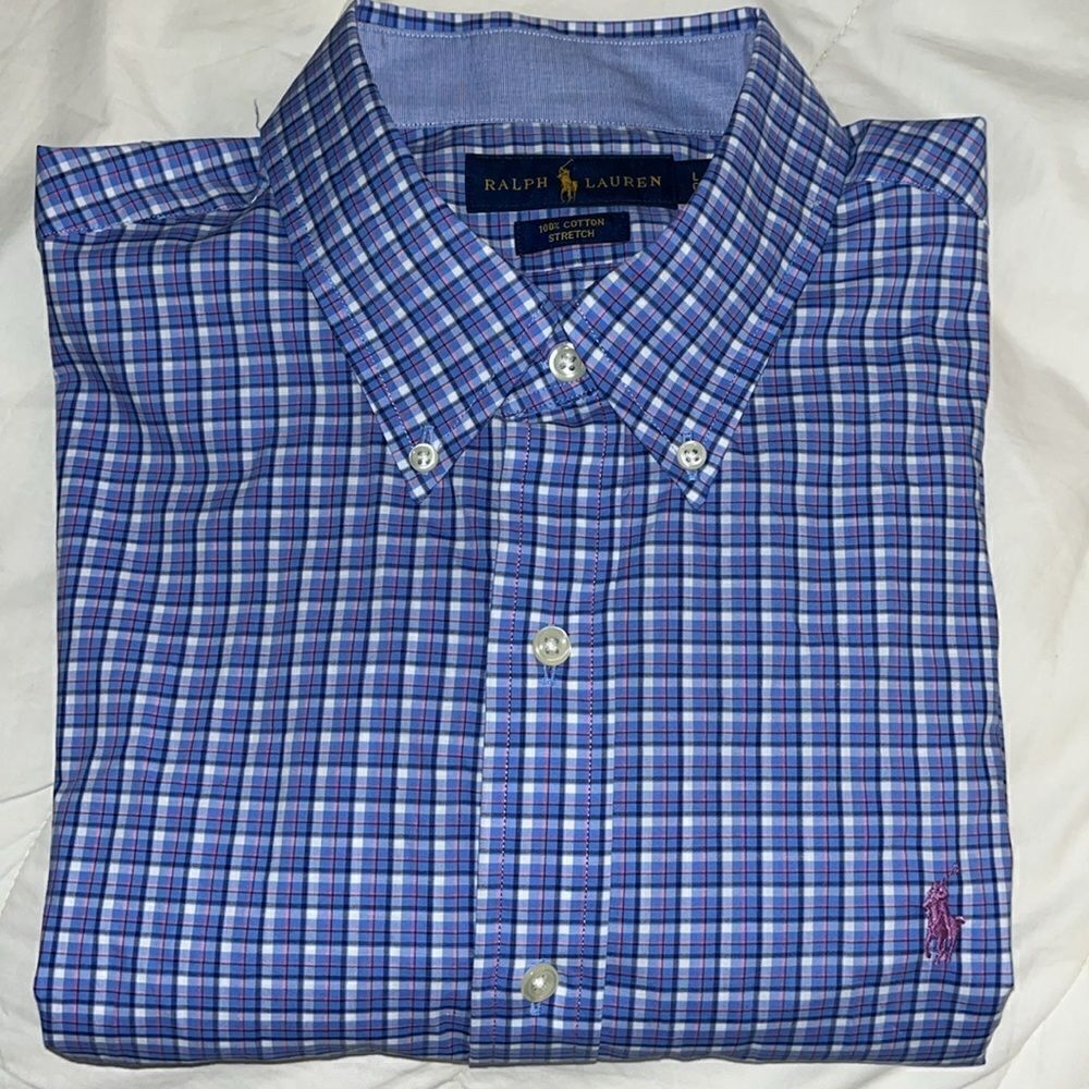 Polo Ralph Lauren Blue Stretch cotton check plaid purple pony long sleeve shirt